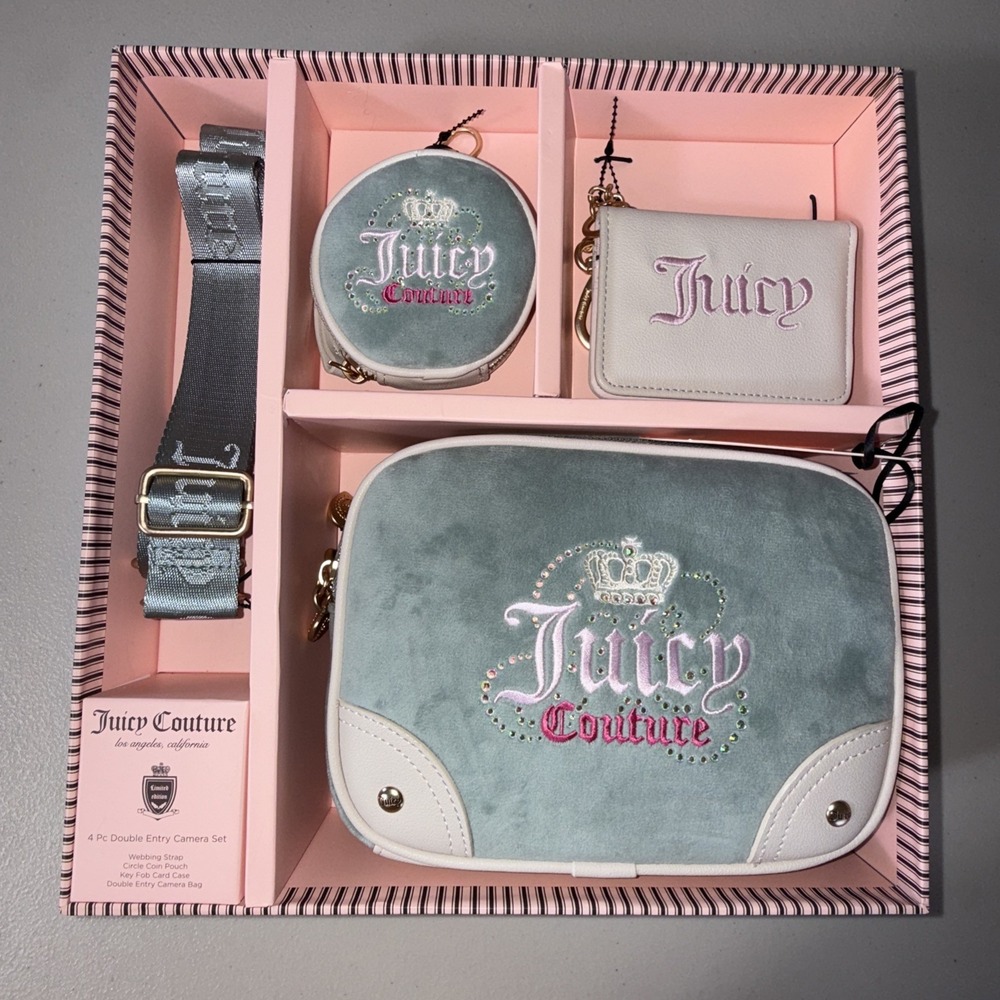 NWT Juicy Couture 4 Pieces Double Entry Camera Bag Set Sage Blue‎